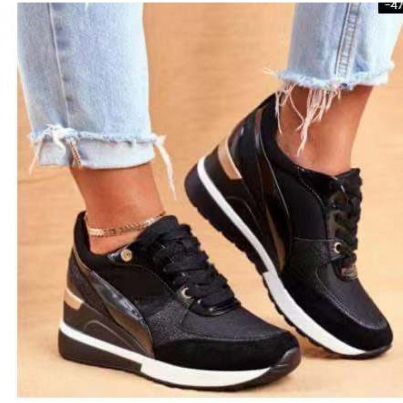 Women Casual Plus Size Colorblock Round Toe Lace-Up Wedge Heel Sneaker