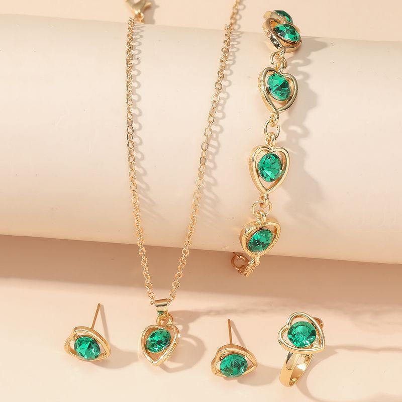 Women Simple Fashion Heart-Shaped Rhinestone Necklace Earrings Ring Bracelet Four-Piece Set