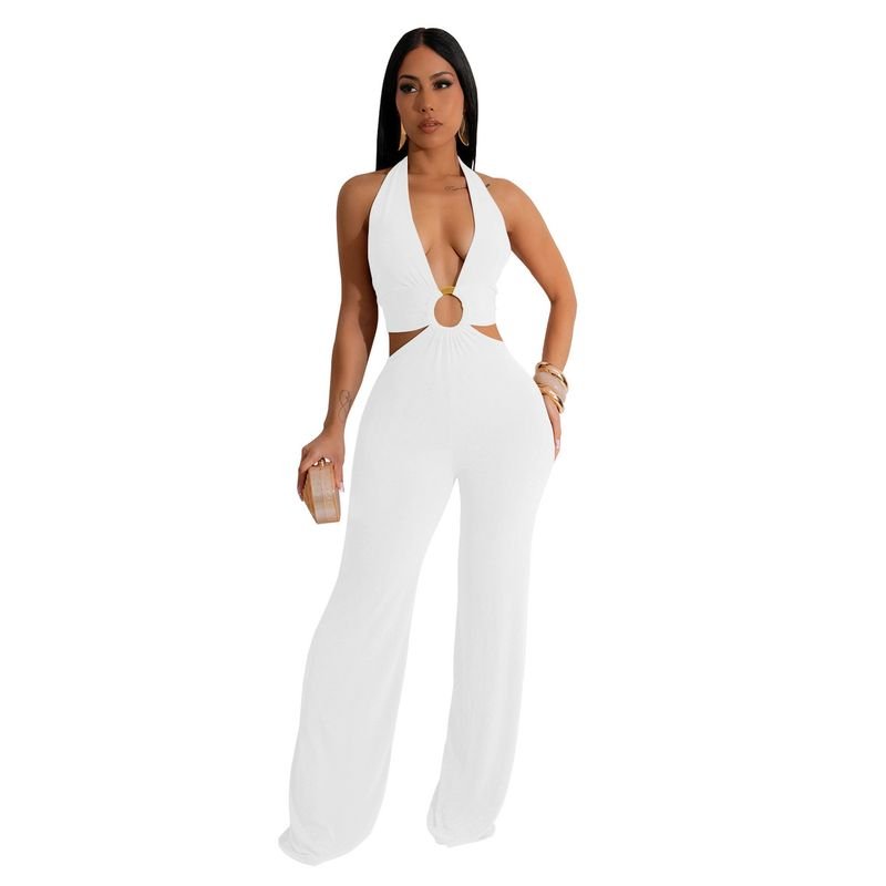 Women Fashion Solid Color V-Neck Backless Lace-Up Hollow Jumpsuits