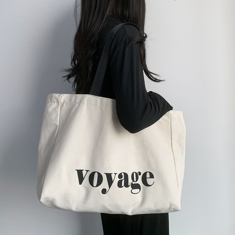 Women Fashionable Simple Letter Print Large Capacity Canvas Tote Bag