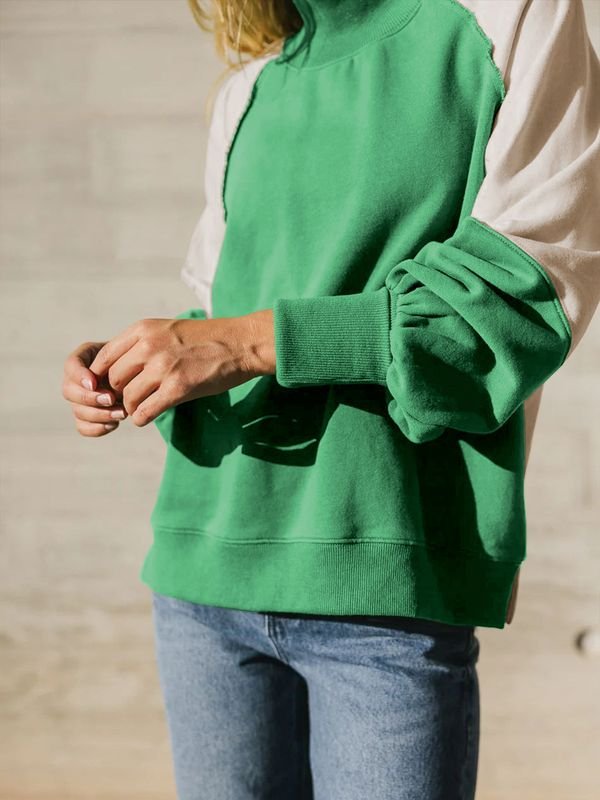 Autumn Winter Women Fashion Loose Colorblock Half-Turtleneck Puff Sleeve Sweatshirt