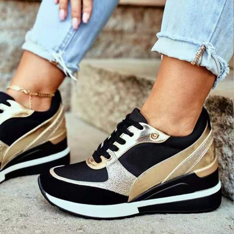 Women Casual Plus Size Colorblock Round Toe Lace-Up Wedge Heel Sneaker