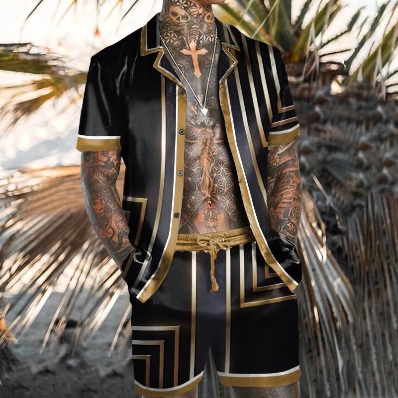 Men Casual Holiday Hawaii Tiny Flower Print Plus Size Short Sleeve Lapel Shirt Shorts Set