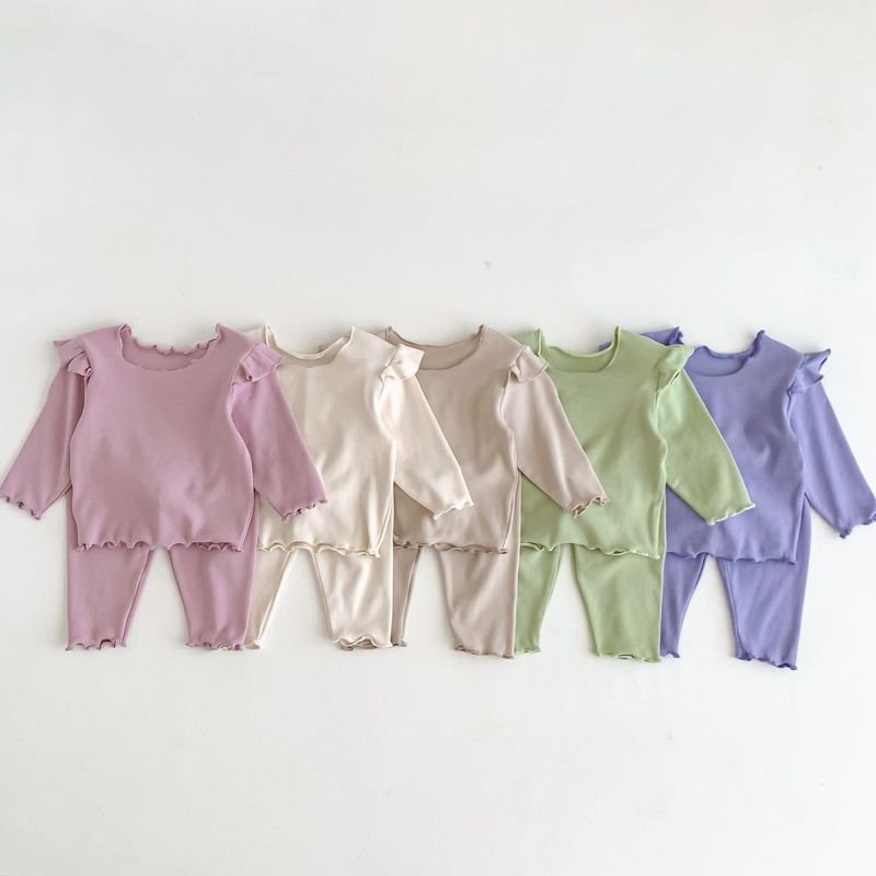Kids Baby Girls Casual Cute Solid Color Rib-Knit Long Sleeve Top Trousers Sets