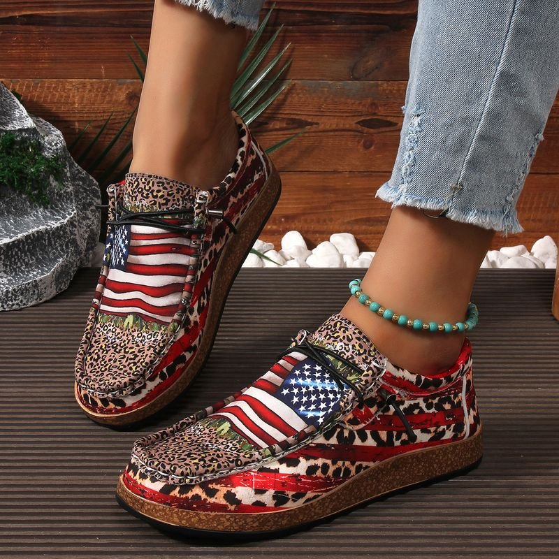 Summer Women Casual Plus Size Leopard Flag Print Slip-On Shoes
