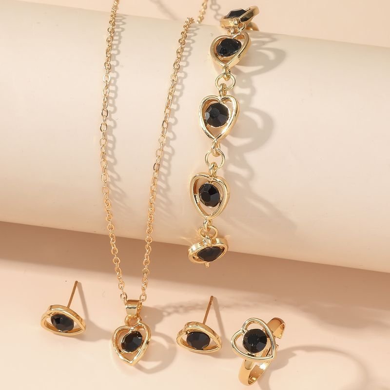 Women Simple Fashion Heart-Shaped Rhinestone Necklace Earrings Ring Bracelet Four-Piece Set