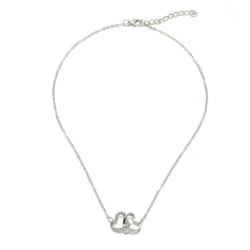 Women Simple Hollow Double Heart-Shaped Rhinestone Necklace Earrings Ring Bracelet Four-Piece Set