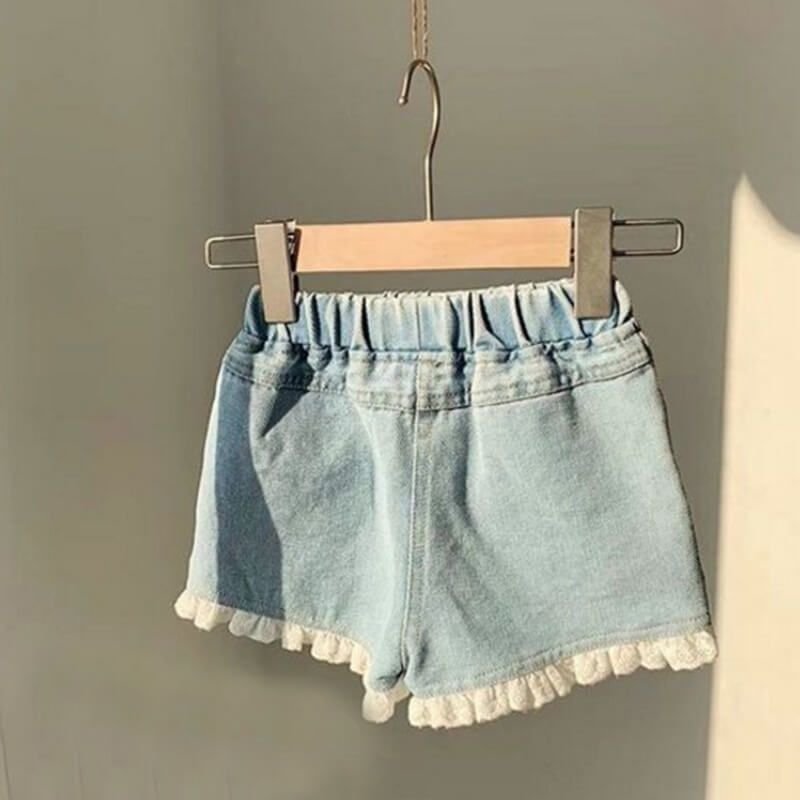 Girls Fashion Solid Color Lace Design Denim Shorts