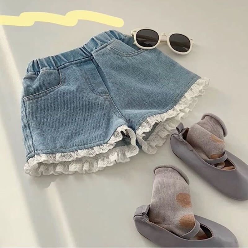 Girls Fashion Solid Color Lace Design Denim Shorts