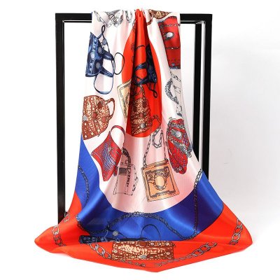 Women Fashion Geometric Chain Floral Printed Sanding Square Silk Scarf