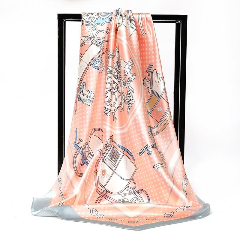 Women Fashion Geometric Chain Floral Printed Sanding Square Silk Scarf