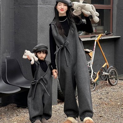 Children Autumn And Winter Black White Plaid Fleece-Lined Loose Parent-Child Overalls