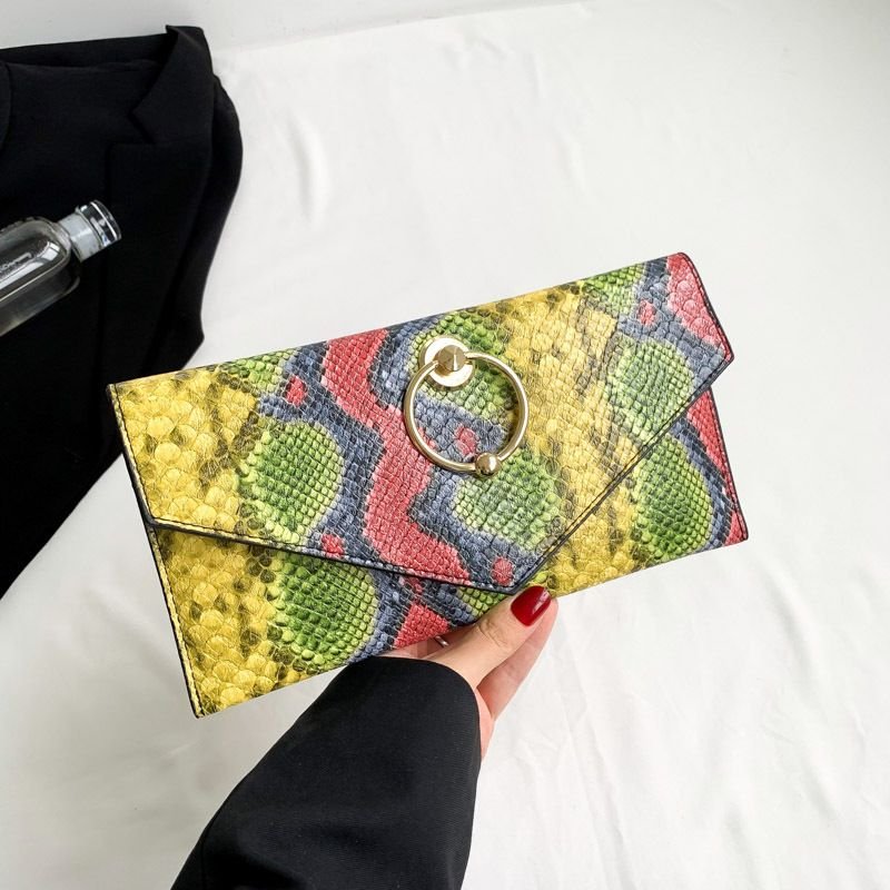 Women Fashion Snake Metal Ring Flap Rectangular Purses