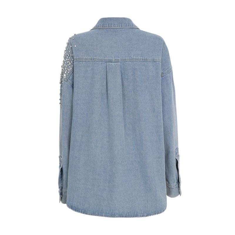 Women Fashion Rhinestone Decorated Lapel Long Sleeve Denim Shirt Coat