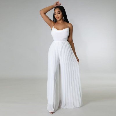 Summer Women Casual Solid Color Chain Strap Backless Pleated Wide Leg Jumpsuits