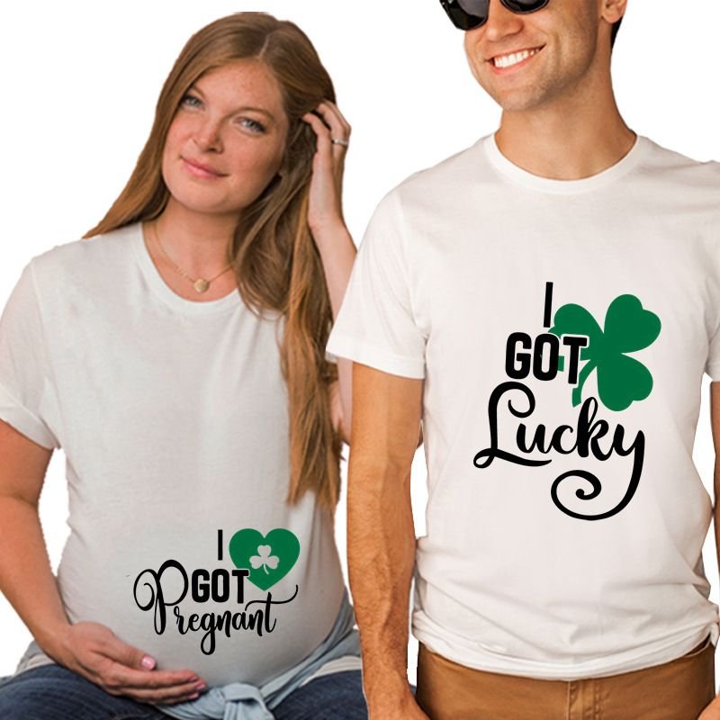 Valentine Day Pregnant Women Fashion Four-Leaf Clover Letter Print Round Neck Short Sleeve Couple T-Shirt