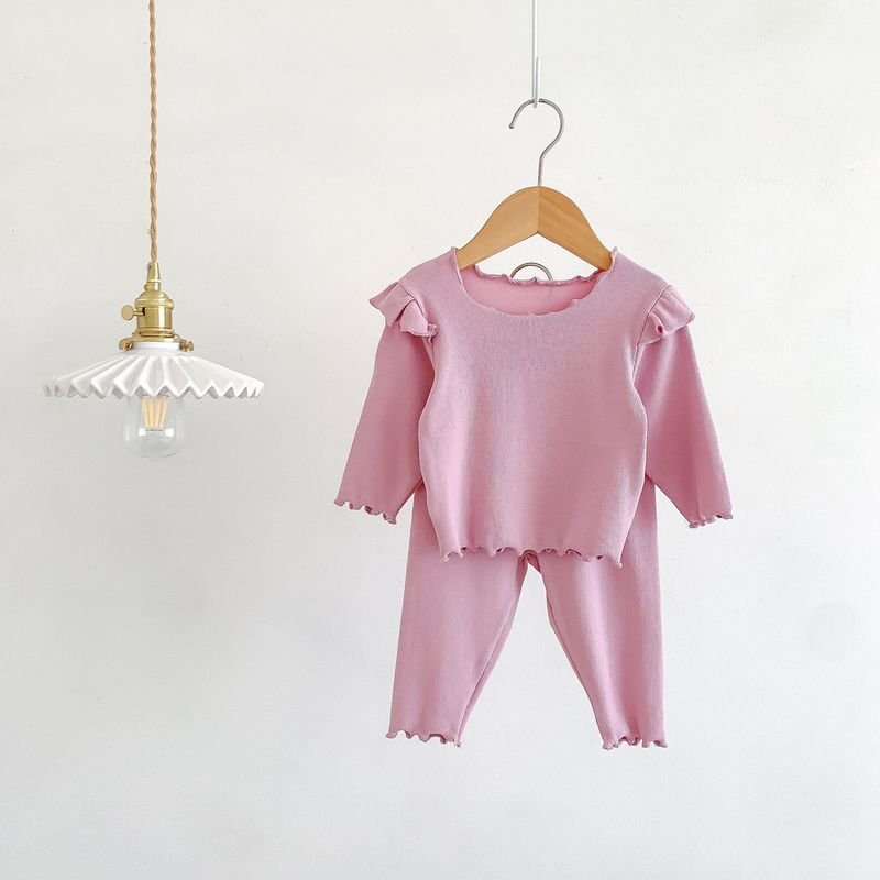 Kids Baby Girls Casual Cute Solid Color Rib-Knit Long Sleeve Top Trousers Sets