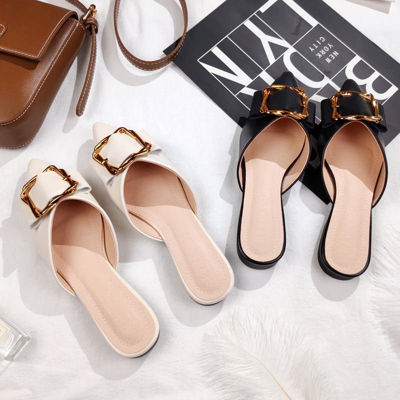 Women Simple Fashion Plus Size Pointed Toe Metal Buckle Detail Mule Shoes