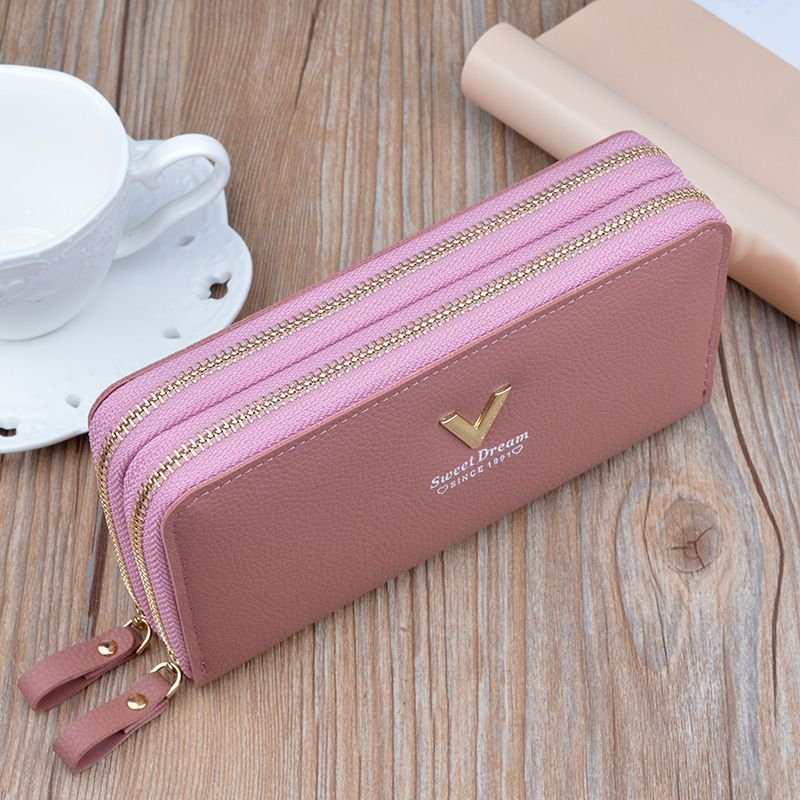 Women Fashion Simple Litchi Pattern Double Zipper Long Purses