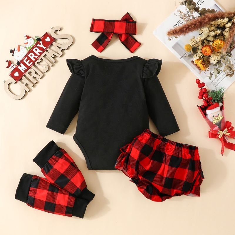 Kids Baby Girls Cute Party Christmas Cartoon Fawn Long Sleeve Romper Plaid Skirt Sets