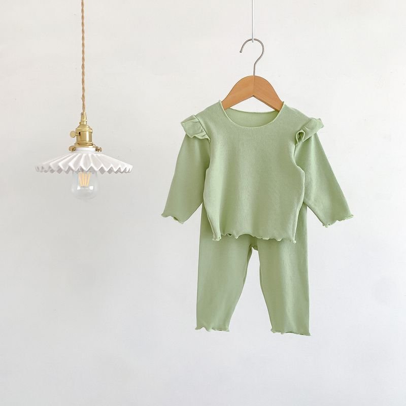 Kids Baby Girls Casual Cute Solid Color Rib-Knit Long Sleeve Top Trousers Sets