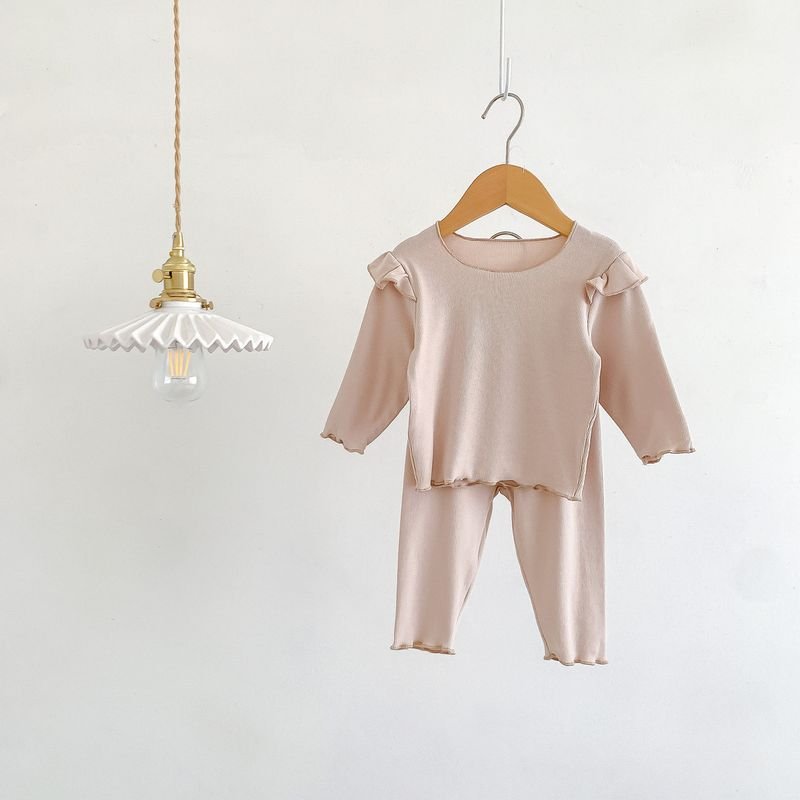 Kids Baby Girls Casual Cute Solid Color Rib-Knit Long Sleeve Top Trousers Sets