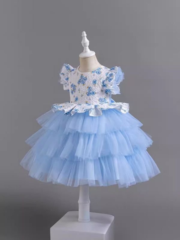 Kids Toddler Girls Fashion Flower Mesh Short Sleeved Party Tutu Dress