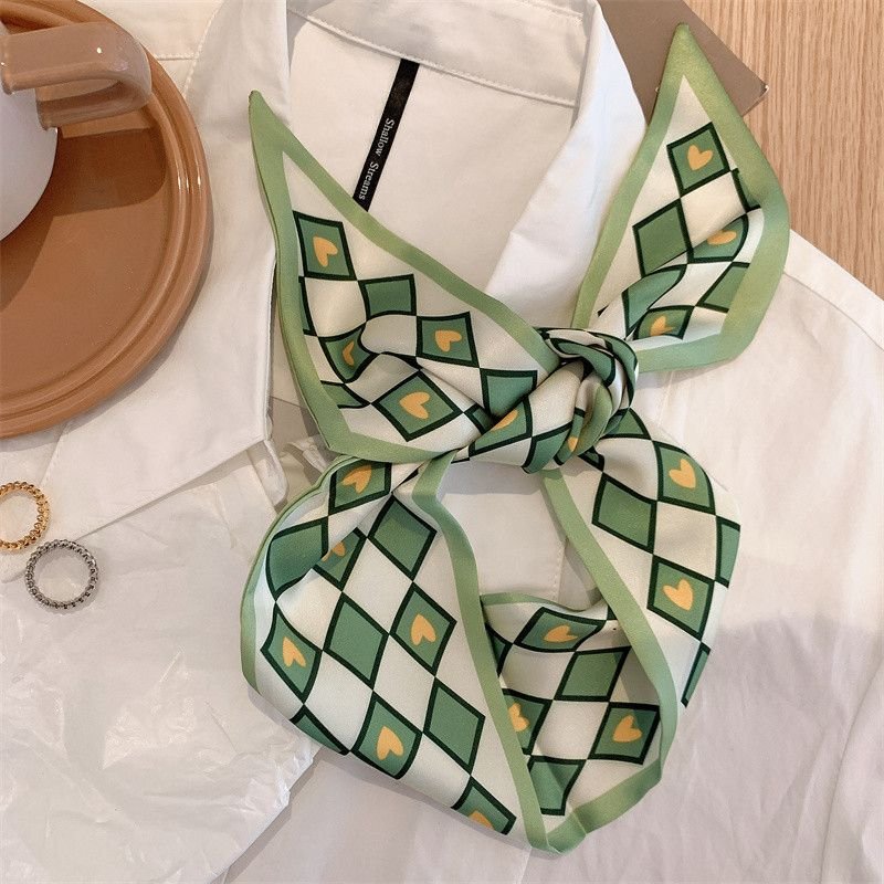 Women Simple Geometric Diamond Print Thin Narrow Ribbon Silk Scarf