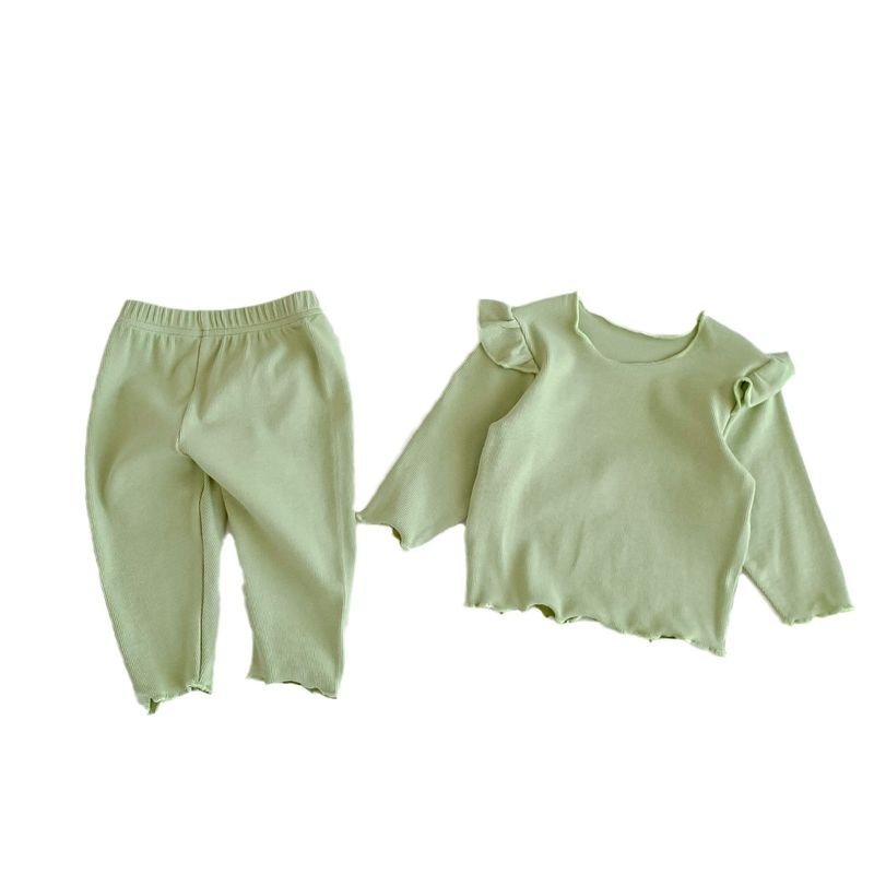 Kids Baby Girls Casual Cute Solid Color Rib-Knit Long Sleeve Top Trousers Sets