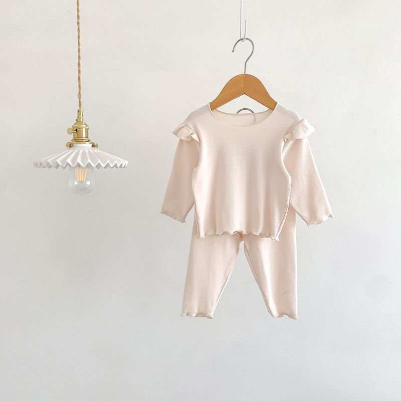 Kids Baby Girls Casual Cute Solid Color Rib-Knit Long Sleeve Top Trousers Sets